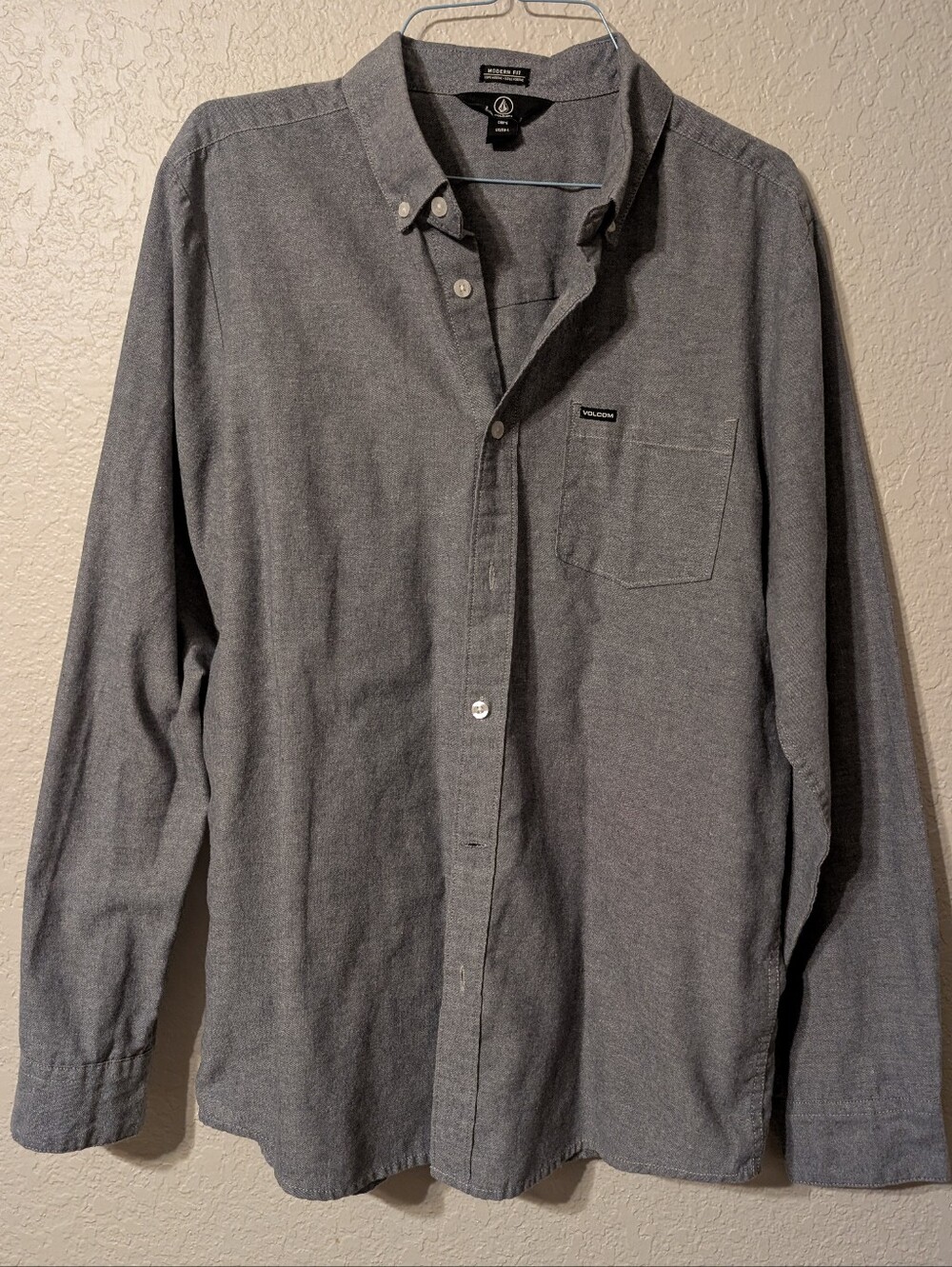 Volcom Grey Modern Fit Long Sleeve Button Up Cotton Blend Pocket Shirt, Size L